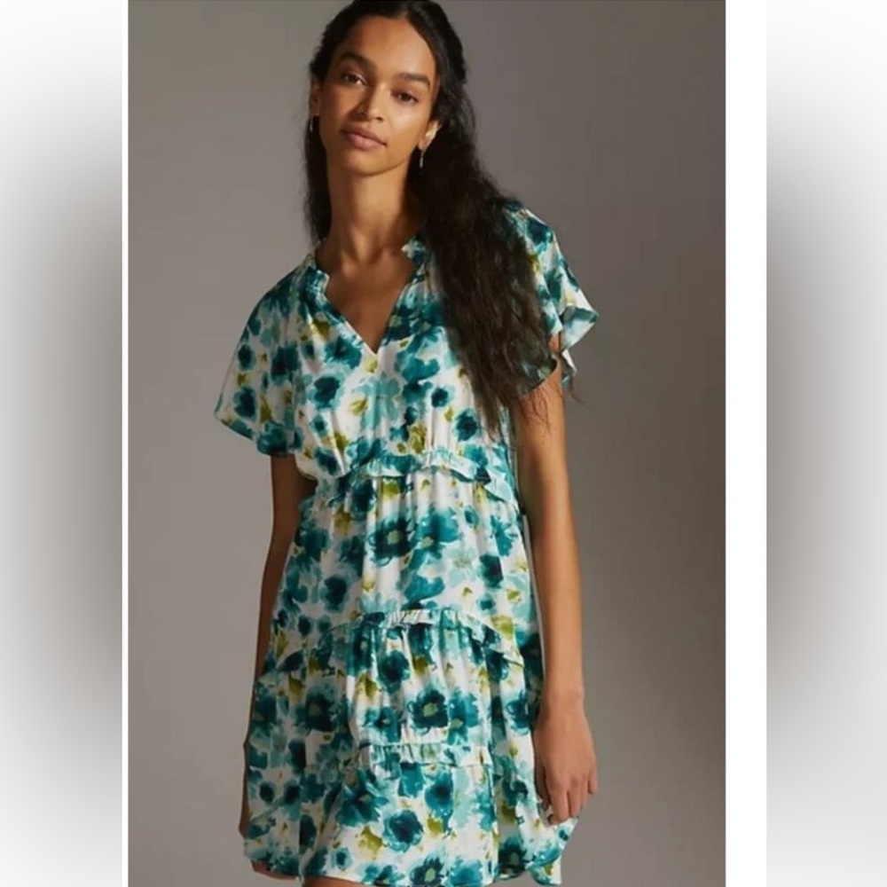 Women's Anthropologie Floral V-Neck Tiered Spring Preppy Midi Dress Size S